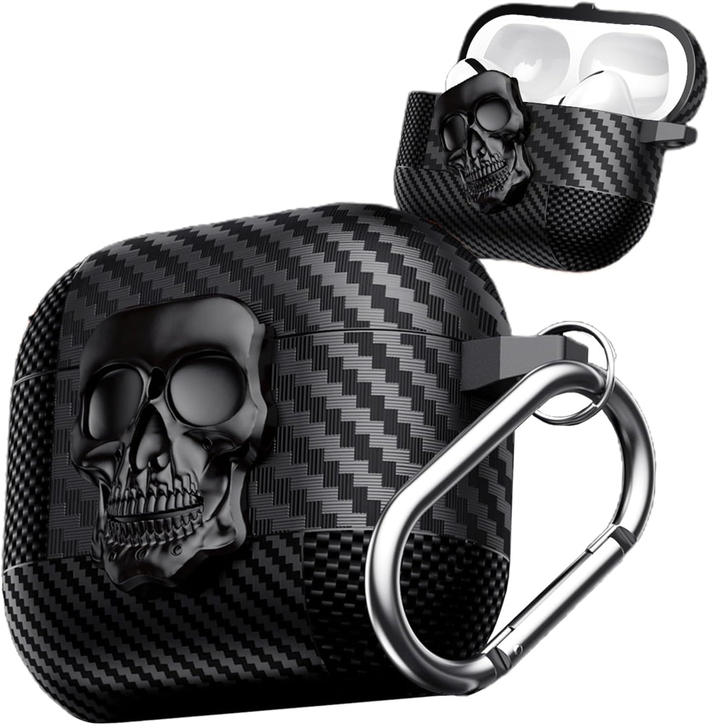 AJM Mixed Carbon Fiber Texture Punk Rotate Metal Skull Protective Case Compatible with Apple Airpods 4