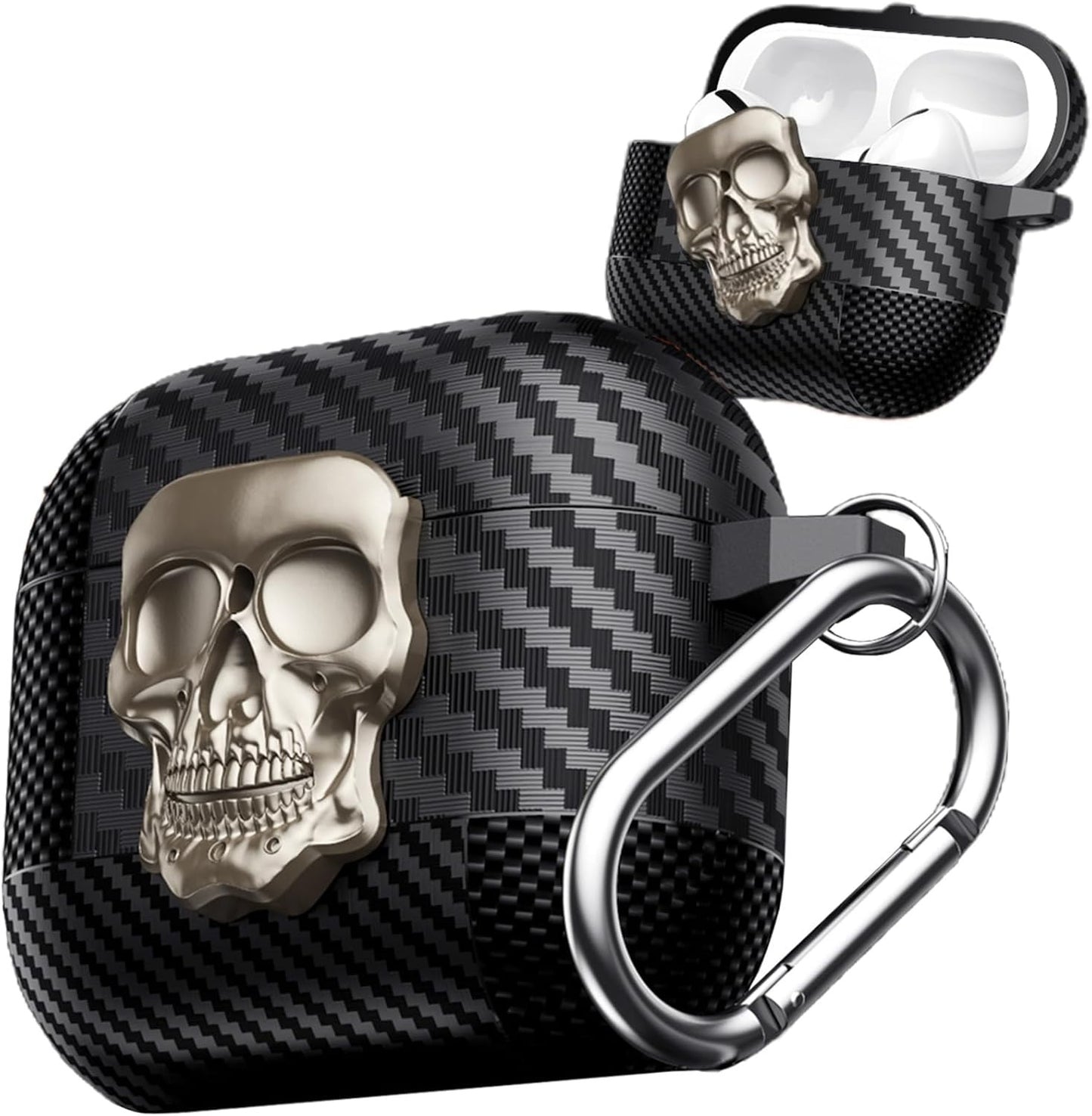 AJM Mixed Carbon Fiber Texture Punk Rotate Metal Skull Protective Case Compatible with Apple Airpods 4