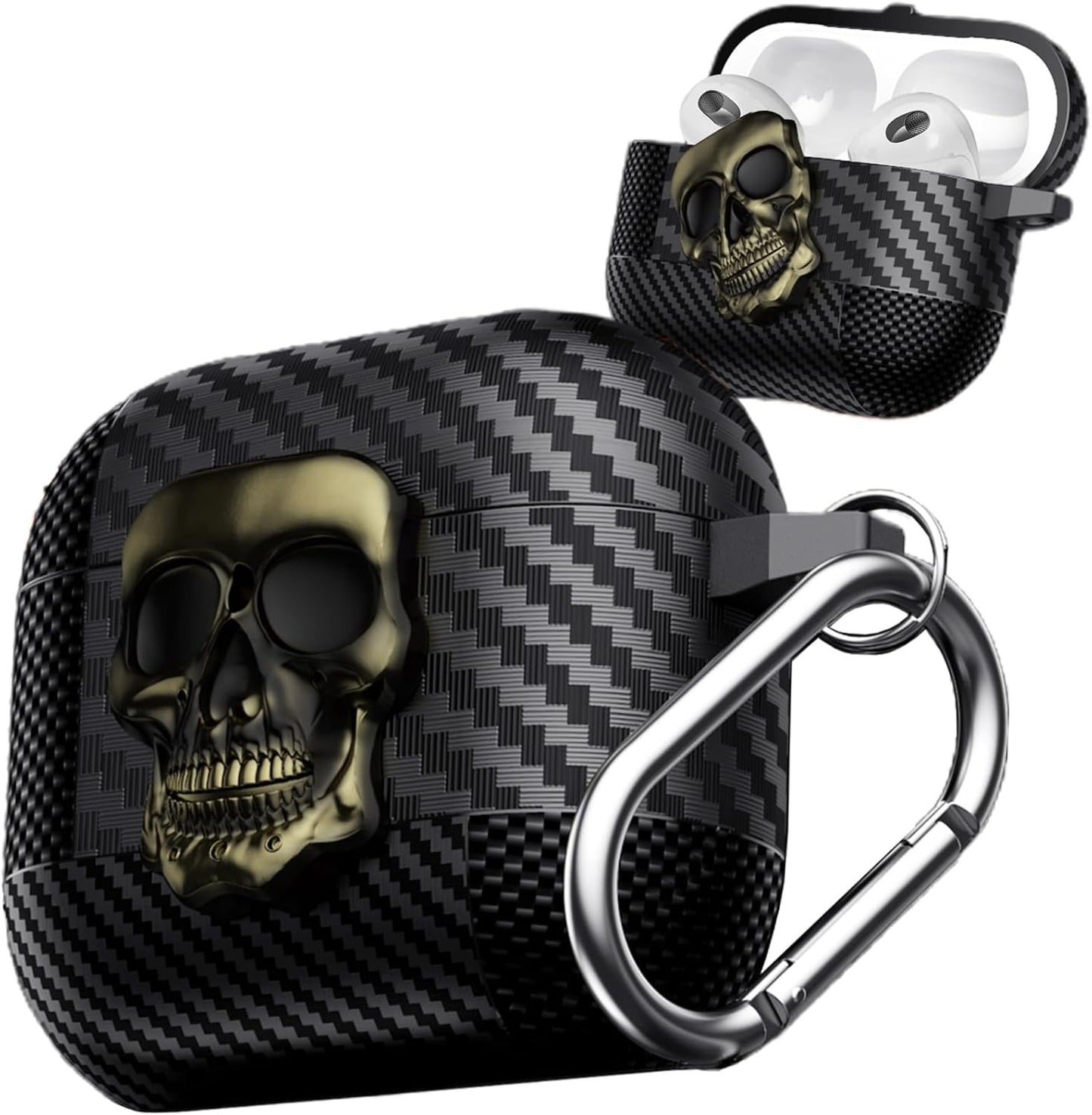 AJM Mixed Carbon Fiber Texture Punk Rotate Metal Skull Protective Case Compatible with Apple Airpods 4