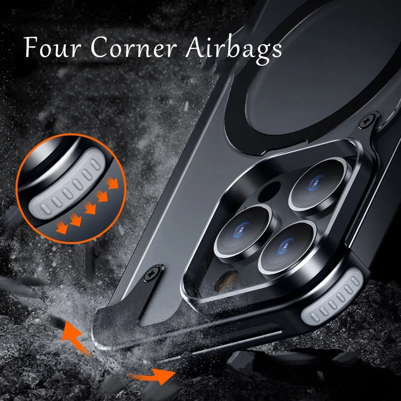 Aluminium Metal Frame Leather Pattern Magsafe Ring Stand Case - iPhone