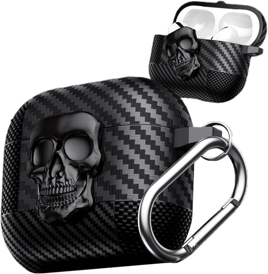 AJM Mixed Carbon Fiber Texture Punk Rotate Metal Skull Protective Case Compatible with Apple Airpods 4