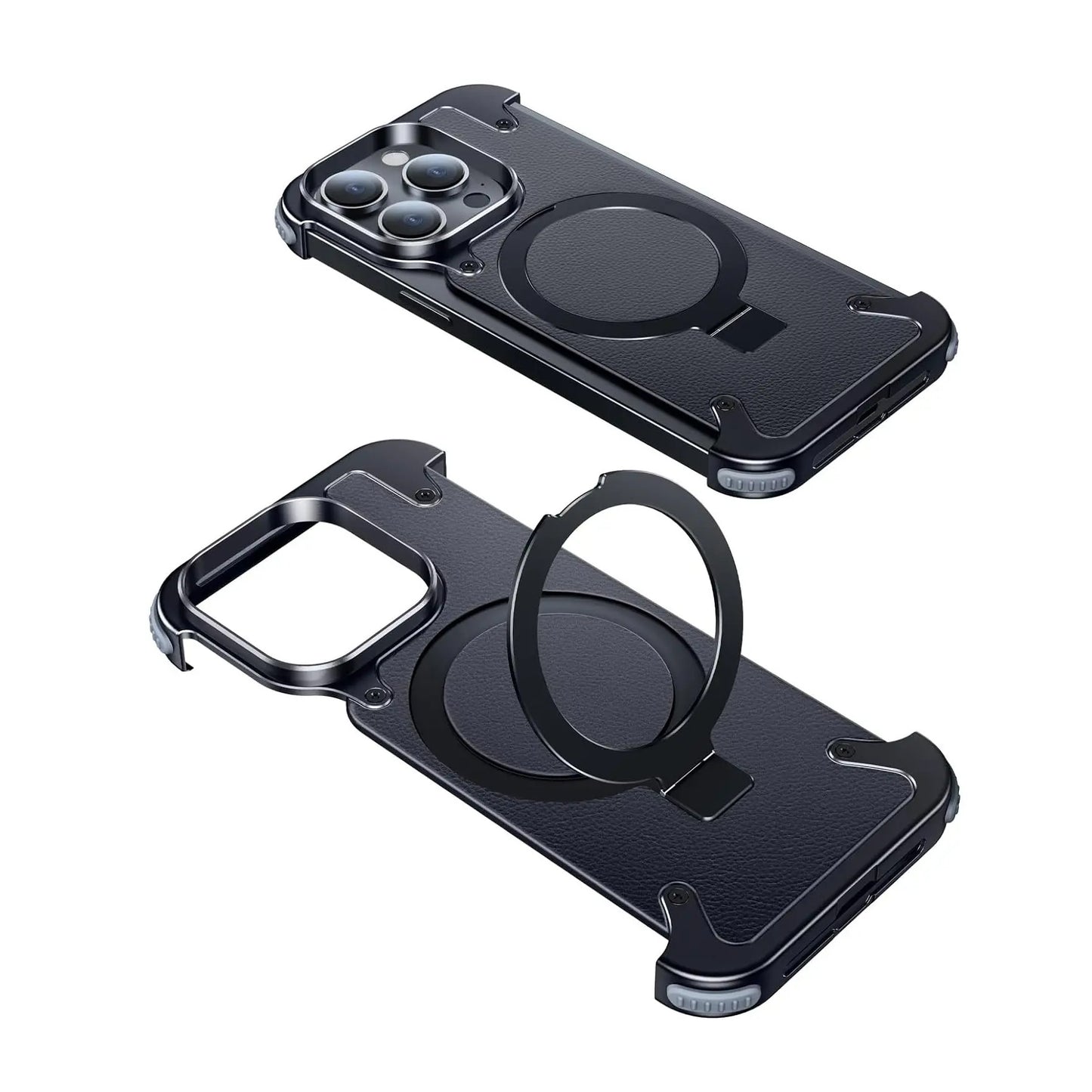 Aluminium Metal Frame Leather Pattern Magsafe Ring Stand Case - iPhone