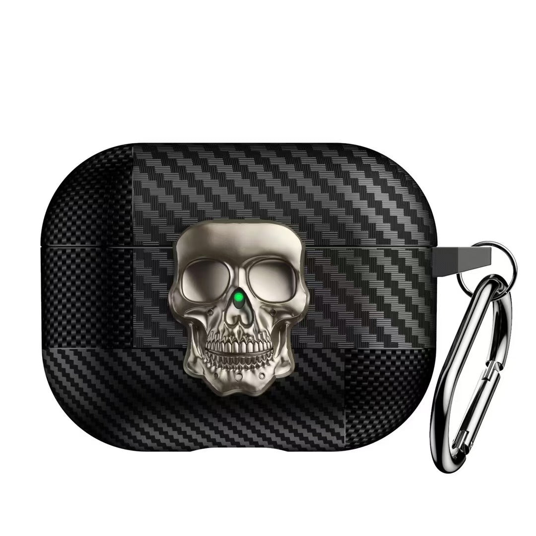 AJM Mixed Carbon Fiber Texture Punk Rotate Metal Skull Protective Case Compatible with Apple Airpods Pro 2