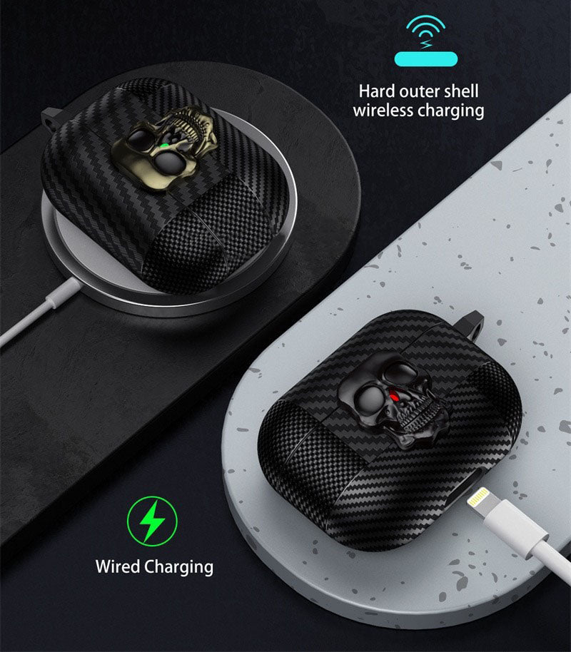 AJM Mixed Carbon Fiber Texture Punk Rotate Metal Skull Protective Case Compatible with Apple Airpods Pro 2