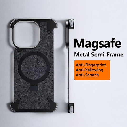 Aluminium Metal Frame Leather Pattern Magsafe Ring Stand Case - iPhone