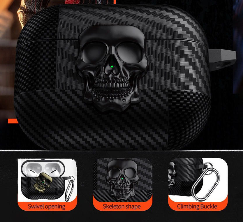 AJM Mixed Carbon Fiber Texture Punk Rotate Metal Skull Protective Case Compatible with Apple Airpods Pro 2