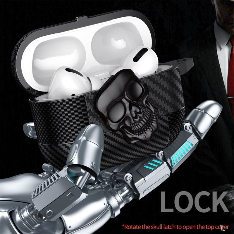 AJM Mixed Carbon Fiber Texture Punk Rotate Metal Skull Protective Case Compatible with Apple Airpods Pro 2