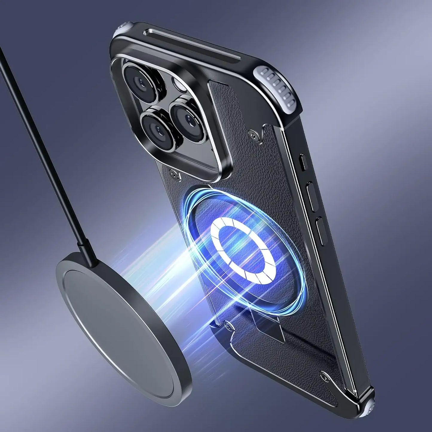 Aluminium Metal Frame Leather Pattern Magsafe Ring Stand Case - iPhone