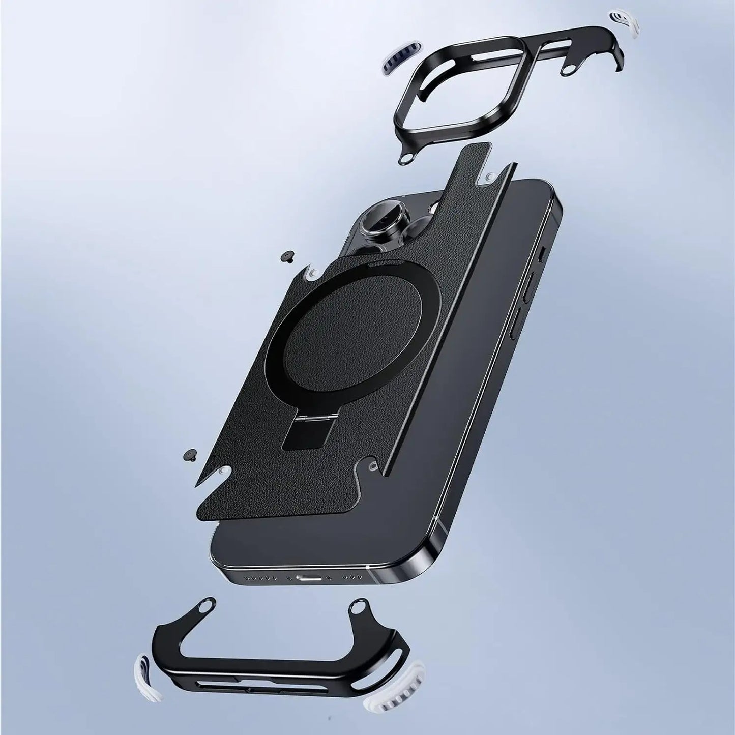Aluminium Metal Frame Leather Pattern Magsafe Ring Stand Case - iPhone