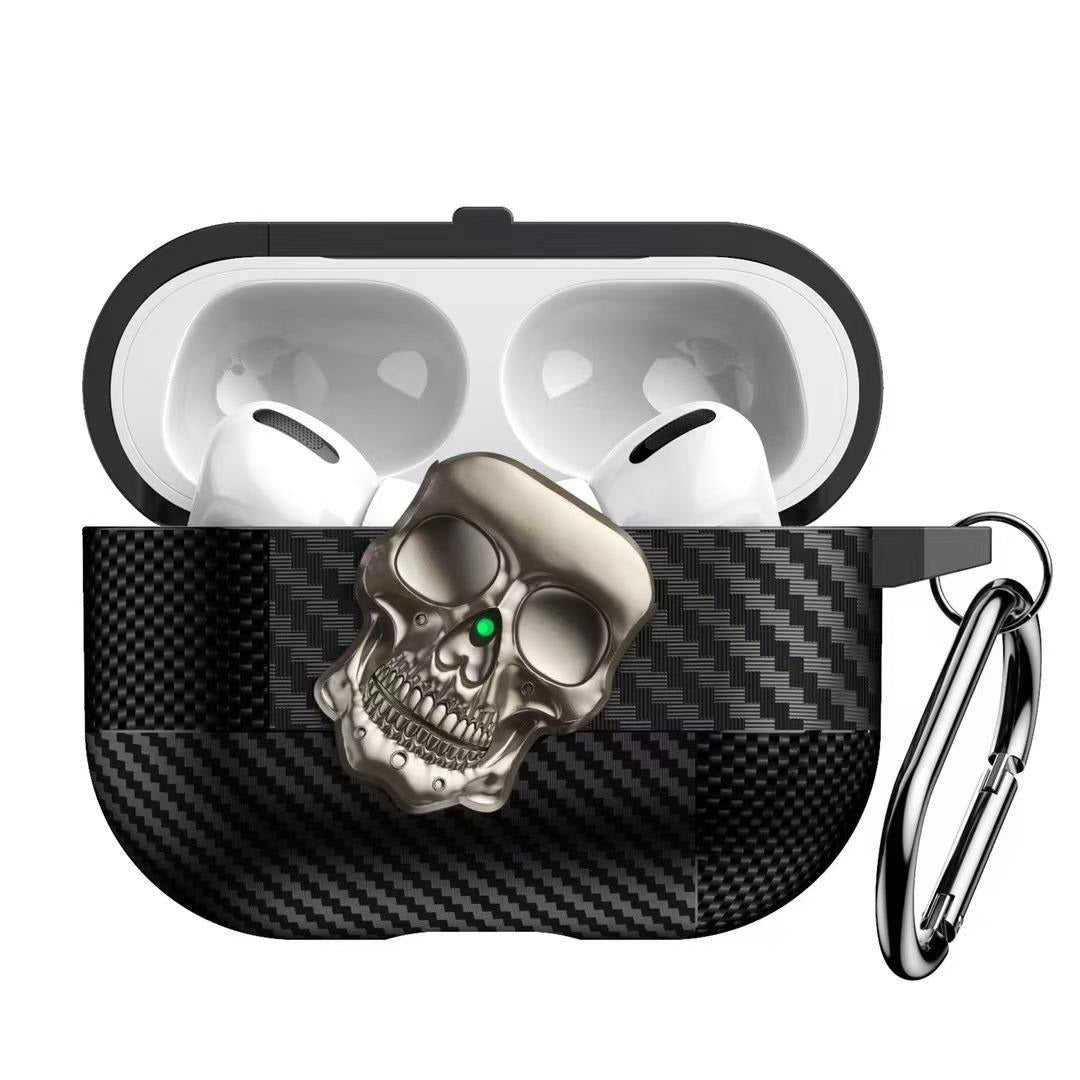 AJM Mixed Carbon Fiber Texture Punk Rotate Metal Skull Protective Case Compatible with Apple Airpods Pro 2