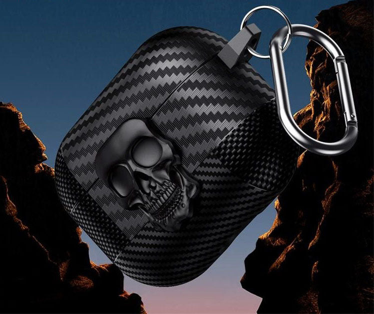 AJM Mixed Carbon Fiber Texture Punk Rotate Metal Skull Protective Case Compatible with Apple Airpods Pro 2