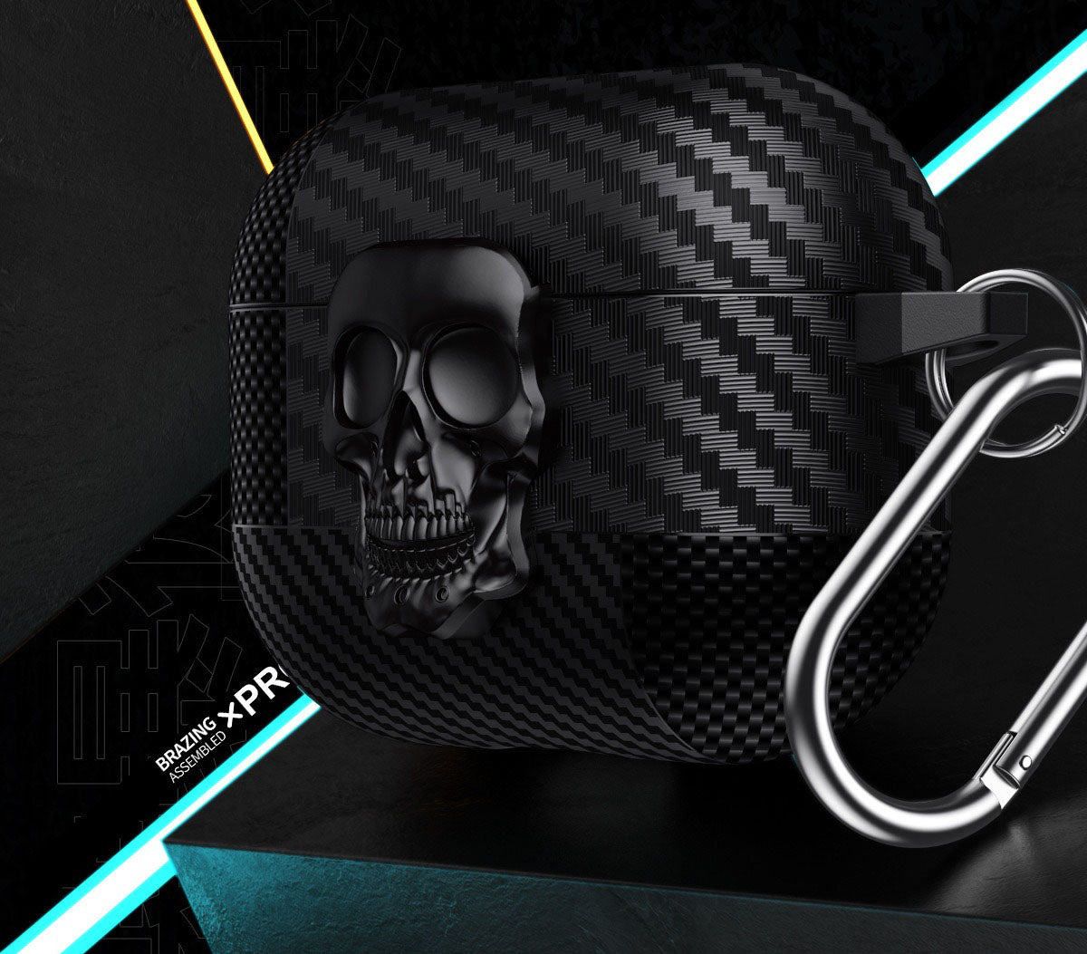 AJM Mixed Carbon Fiber Texture Punk Rotate Metal Skull Protective Case Compatible with Apple Airpods Pro 2