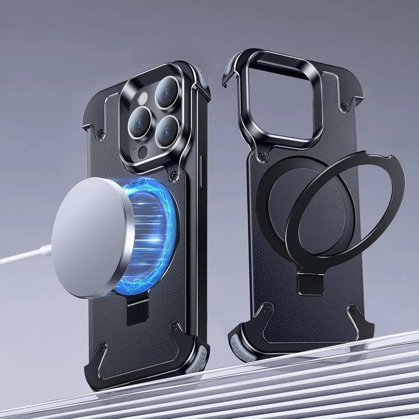 Aluminium Metal Frame Leather Pattern Magsafe Ring Stand Case - iPhone
