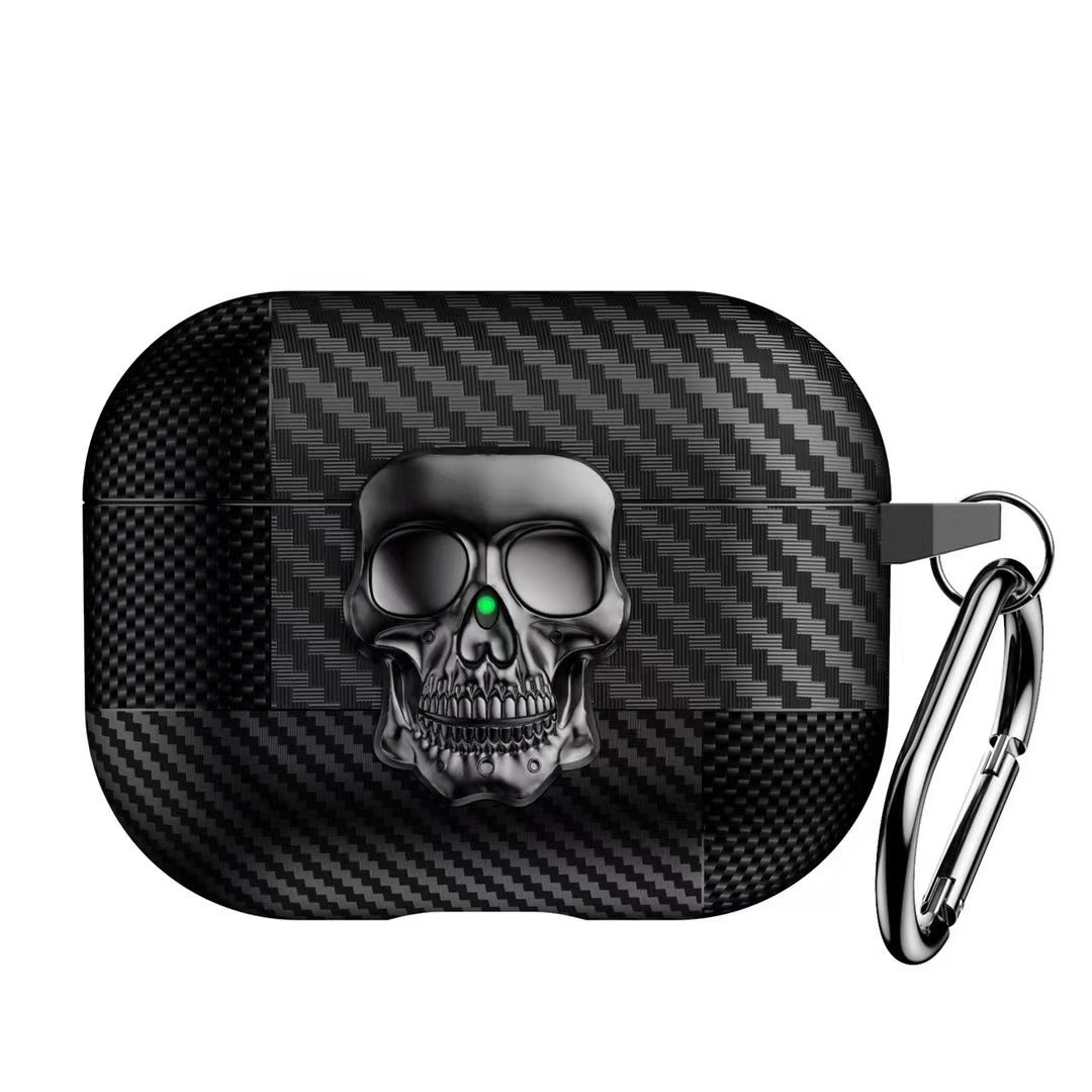 AJM Mixed Carbon Fiber Texture Punk Rotate Metal Skull Protective Case Compatible with Apple Airpods Pro 2